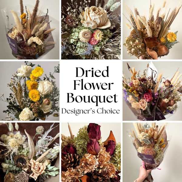 Collage of rustic designer's choice dried flower bouquets in warm neutral and deep red tones