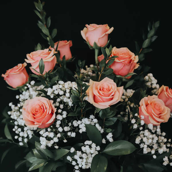 Bouquet of peach roses with white baby's breath