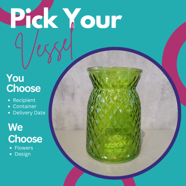 Green glass vase with a textured diamond pattern