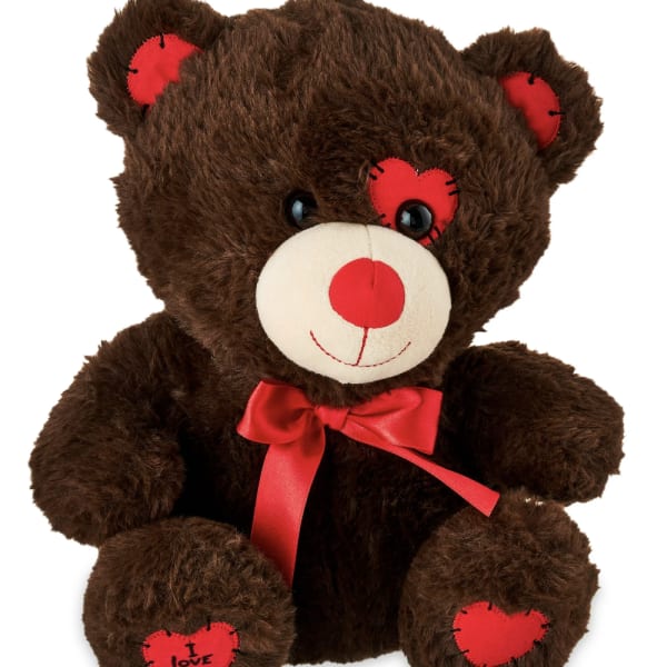 Brown teddy bear with red heart patches and a red bow
