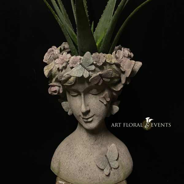 Potted aloe plant in a sculpted face planter with butterfly decorations