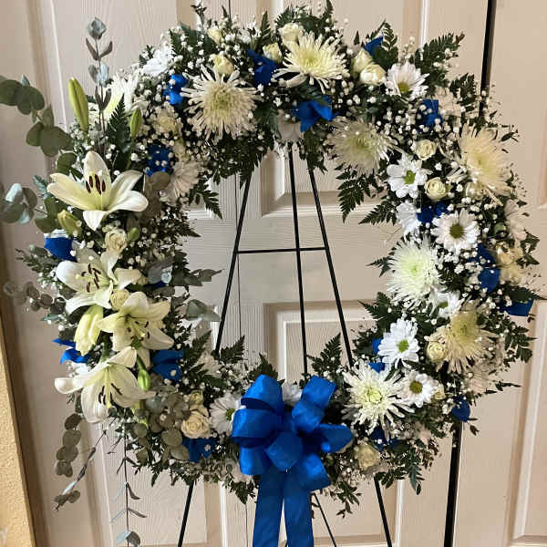White Circular Wreath with Blue
