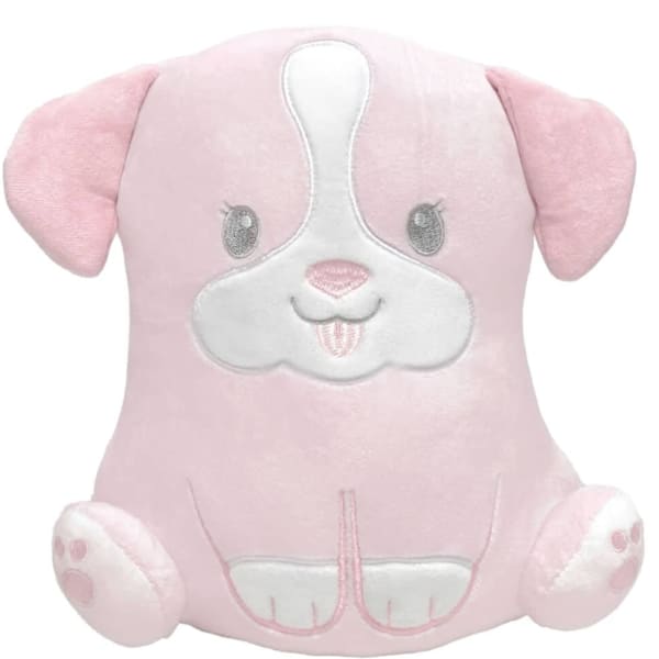 Pink plush dog toy with white face and paws