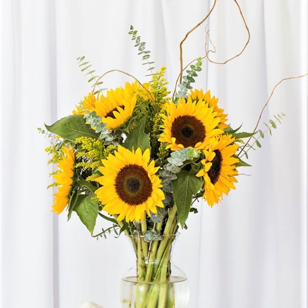 Tall bouquet of bright yellow sunflowers in a clear glass vase on a wooden surface.