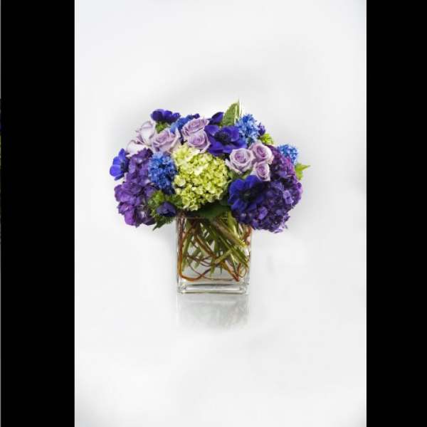 Purple and blue flower arrangement in a clear square vase