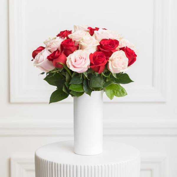 Bouquet of red and pale pink roses in a white vase