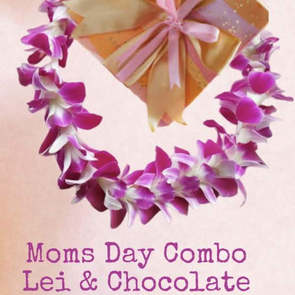 Purple-and-white lei with a wrapped chocolate gift box