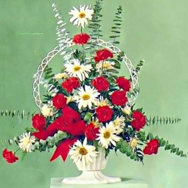 Tall red carnation and white daisy arrangement in a white urn with a red bow.