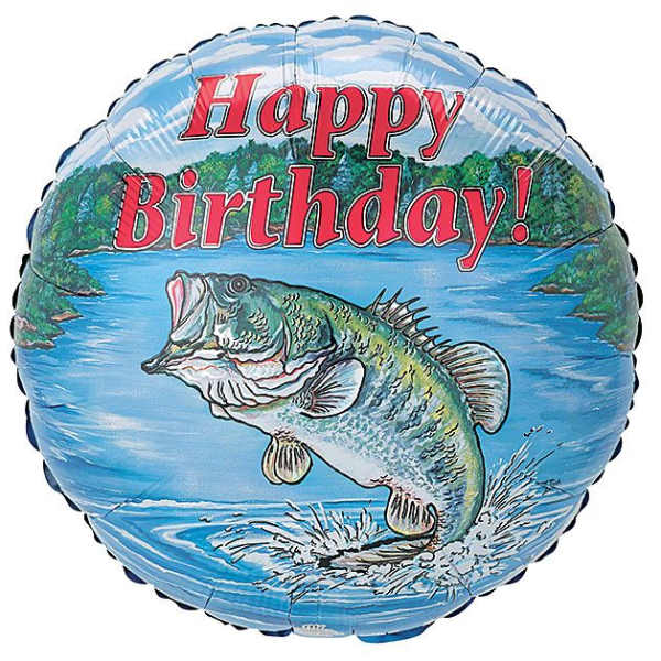 Round birthday balloon with a jumping fish and lake scene