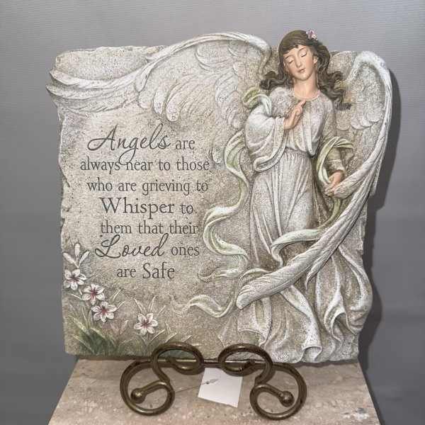 Angel memorial plaque with grieving quote and floral accents