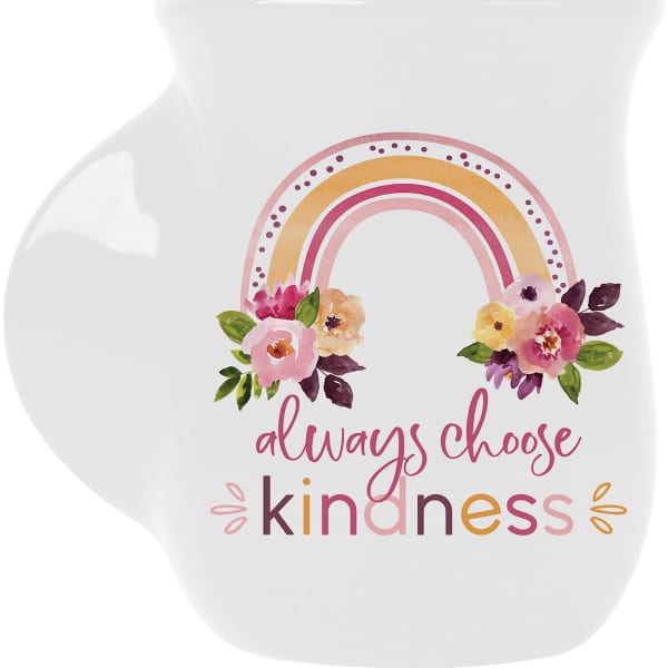 White mug with a rainbow floral design and the words always choose kindness