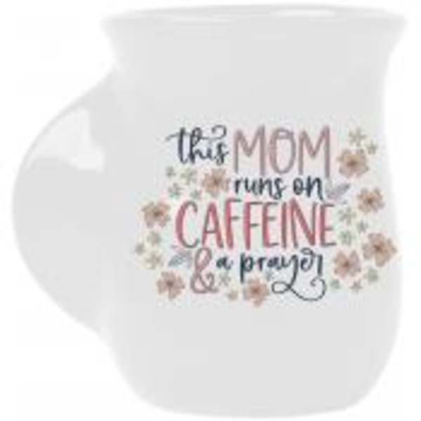 White mug with a floral text design reading "this MOM runs on CAFFEINE & prayer"