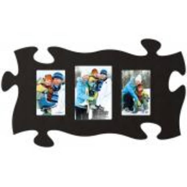 Black puzzle-piece photo frame with three small pictures