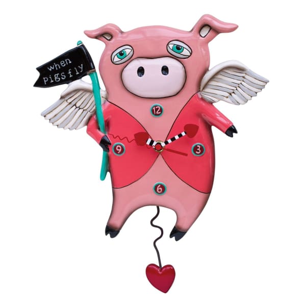 Pink pig wall clock with wings and a heart pendant