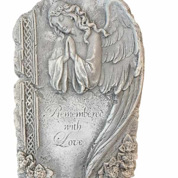 Stone angel memorial plaque with the words Remembered with Love