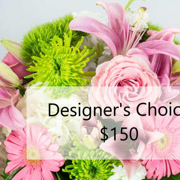 Pink and green mixed bouquet with lilies, roses, and daisies