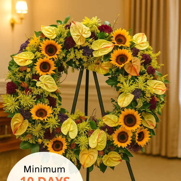 Large standing wreath of sunflowers and mixed yellow blooms on a black easel