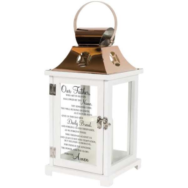 White decorative lantern with a copper top and printed prayer text