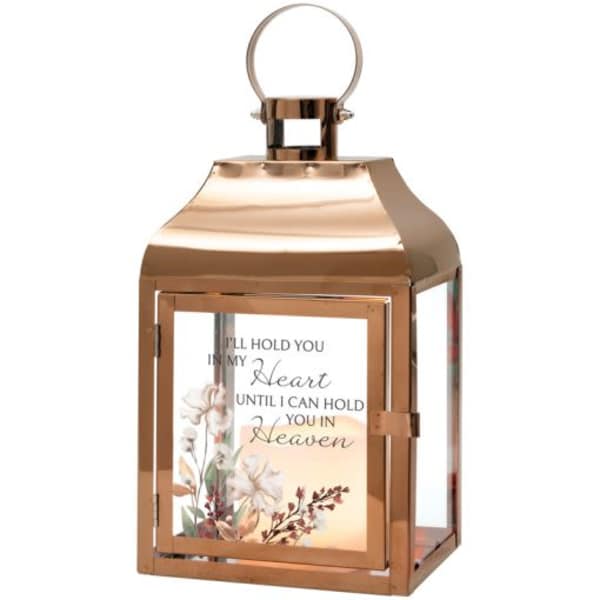 Copper lantern with a memorial quote and floral print insert