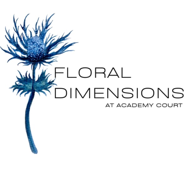 Blue floral logo with the text Floral Dimensions at Academy Court