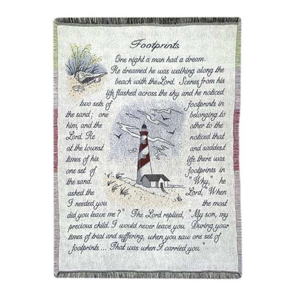 Fringed woven throw with a lighthouse and printed poem text