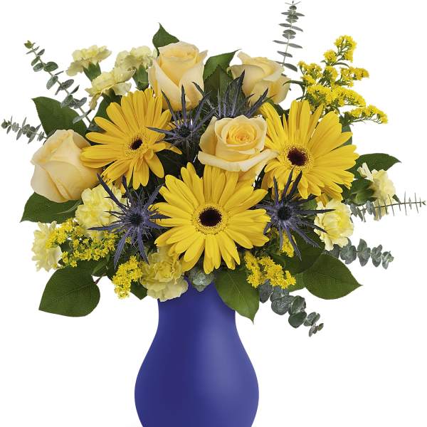 Yellow roses and daisies in a blue vase