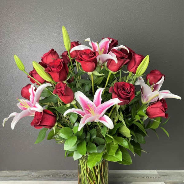 2 Dozen Red Roses with Pink Lilies