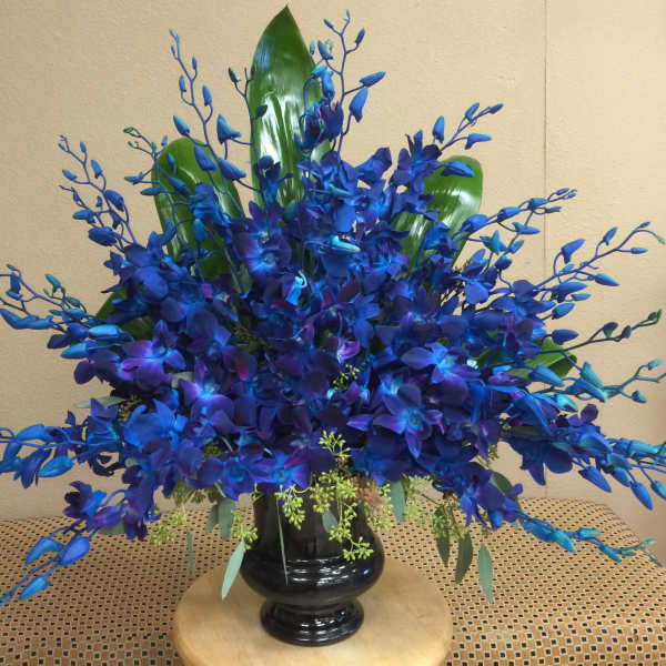 Blue floral arrangement in a black vase with large green leaves