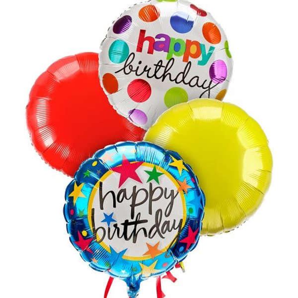 Cluster of colorful birthday balloons with two printed "happy birthday" balloons