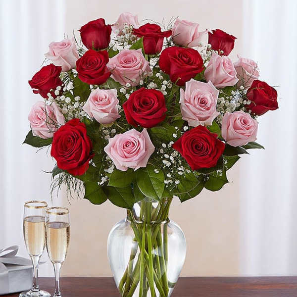 Bouquet of red and pink roses in a clear glass vase