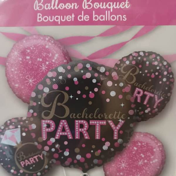 Bachelorette party balloon bouquet with pink and black foil balloons