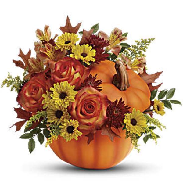 Pumpkin-shaped floral arrangement with roses and daisies