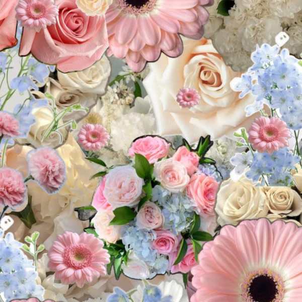 Collage of pastel flowers including pink gerbera daisies, roses, and blue blossoms