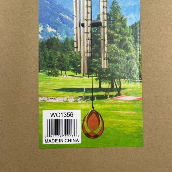 Decorative wind chime with metal tubes and stained-glass accents