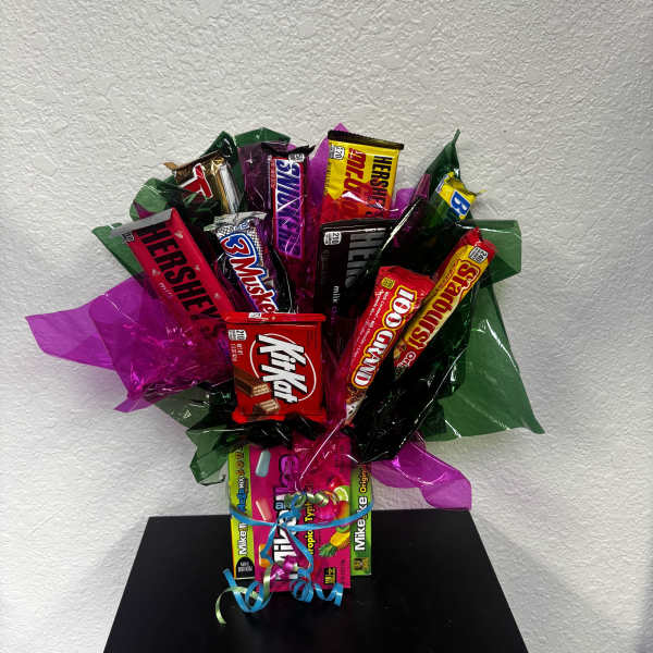 Bouquet of assorted candy bars wrapped in bright cellophane