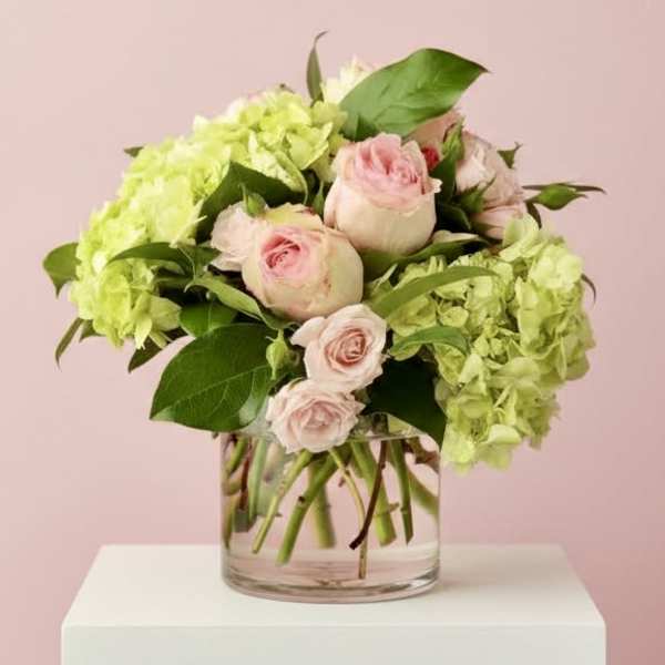 Pink roses and green hydrangeas in a clear glass vase