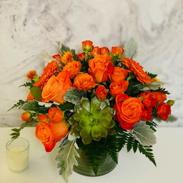 Orange rose arrangement in a glass vase with a green succulent