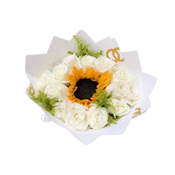 Round bouquet with a central yellow sunflower surrounded by white roses in white paper wrap