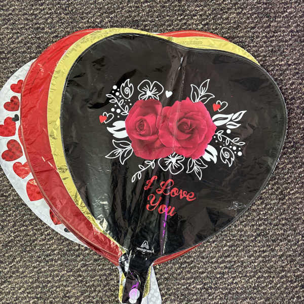 Heart-shaped balloon with red roses and "I Love You" text