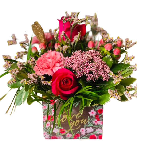 Pink and red rose bouquet in a floral gift box