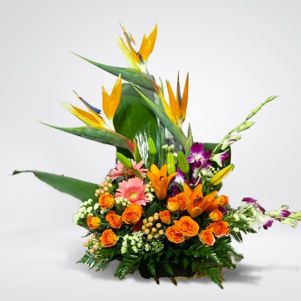 Tropical flower arrangement with orange roses and bird of paradise