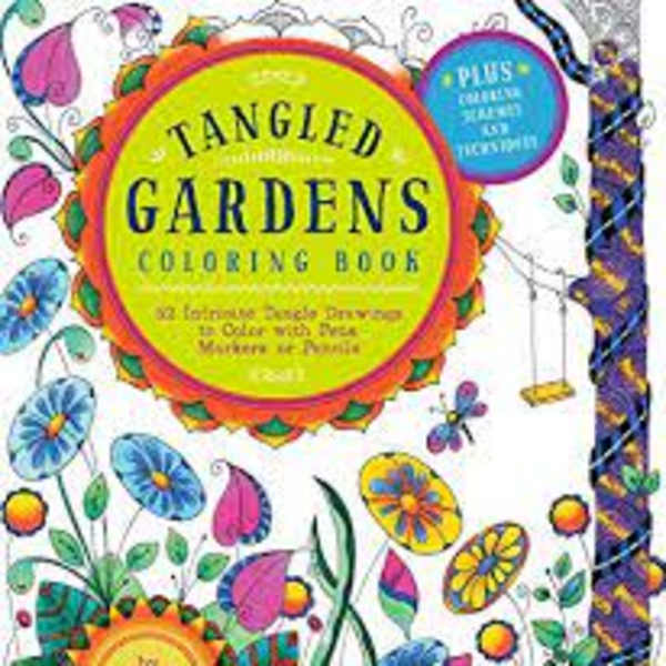 Colorful Tangled Gardens coloring book cover with floral illustrations