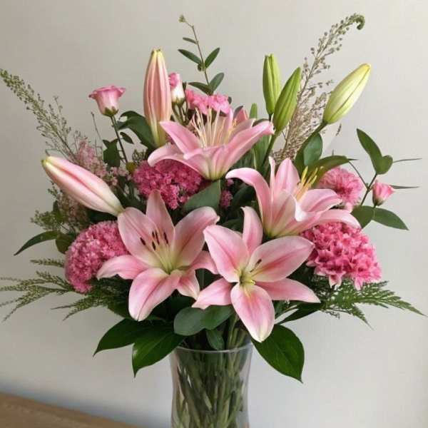 Pink lilies and carnations arranged in a clear glass vase