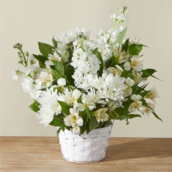 White flowers arranged in a white woven basket