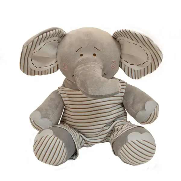 Plush elephant toy with striped ears and body