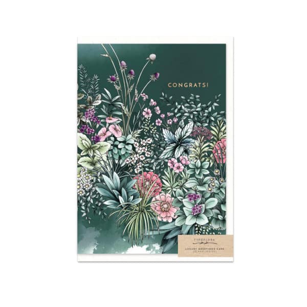 Floral congratulations greeting card with pink and purple blooms