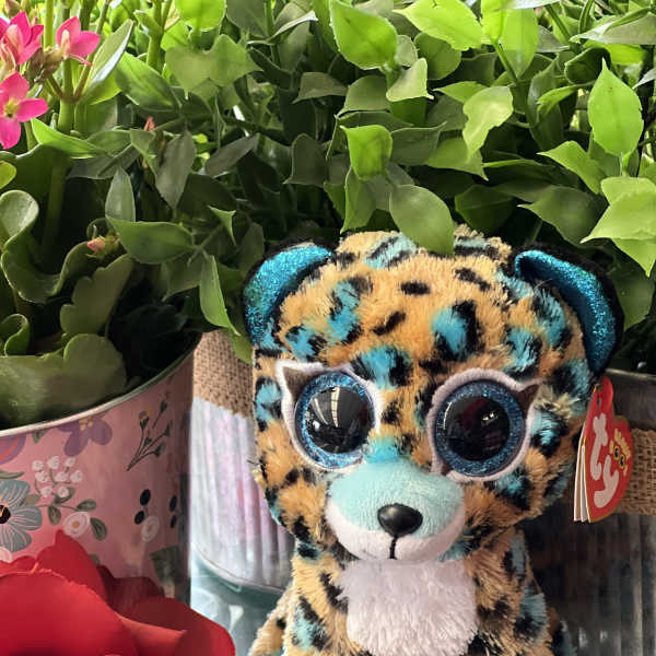Plush leopard toy beside red roses and a potted plant