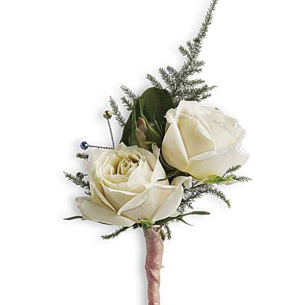 White rose boutonniere with greenery and small decorative beads