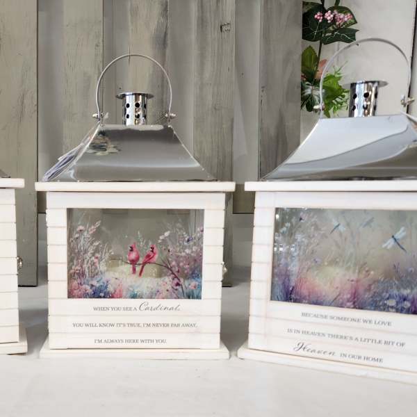 Three white lanterns with printed memorial scenes and quotes