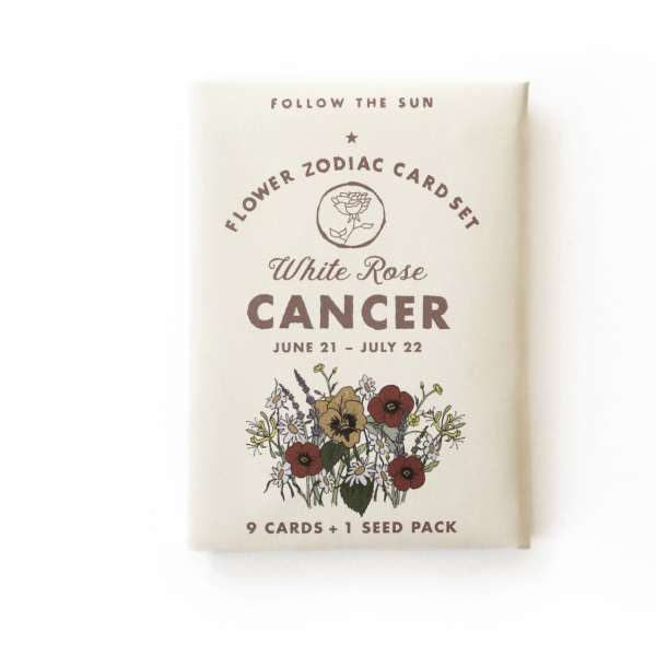 Cancer zodiac card set with a floral illustration on a cream package
